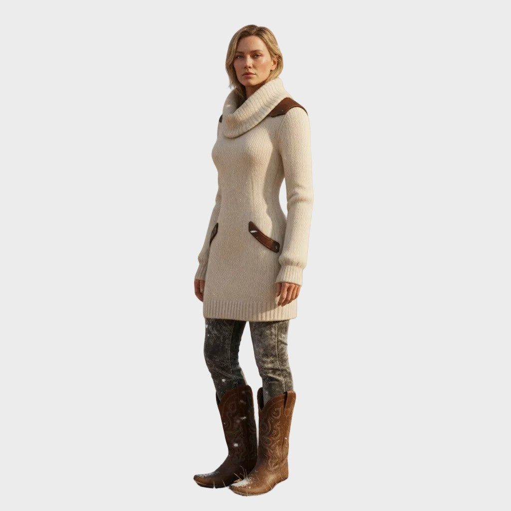 Leather-trim cowl neck jumper dress