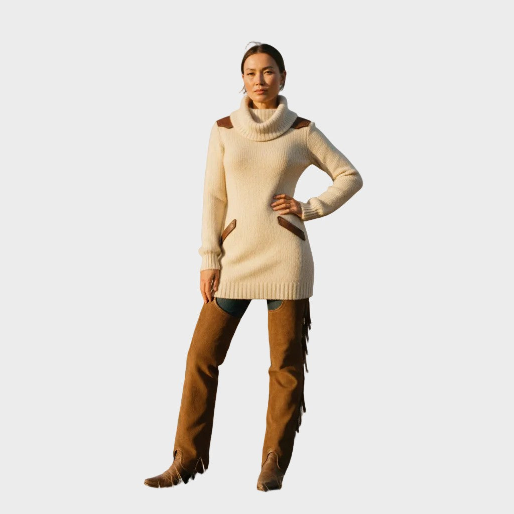 Leather-trim cowl neck jumper dress