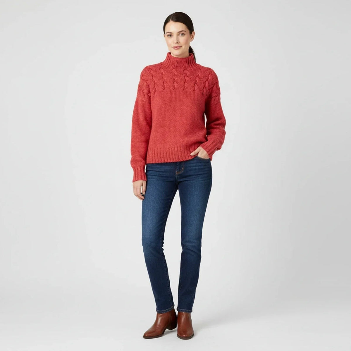 Merino cable roll neck jumper