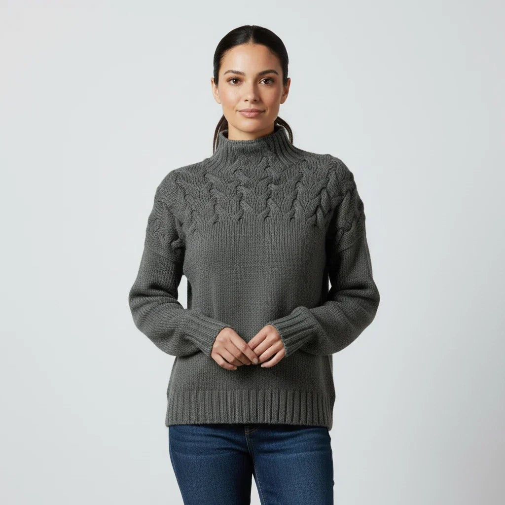 Grey merino cable roll neck jumper
