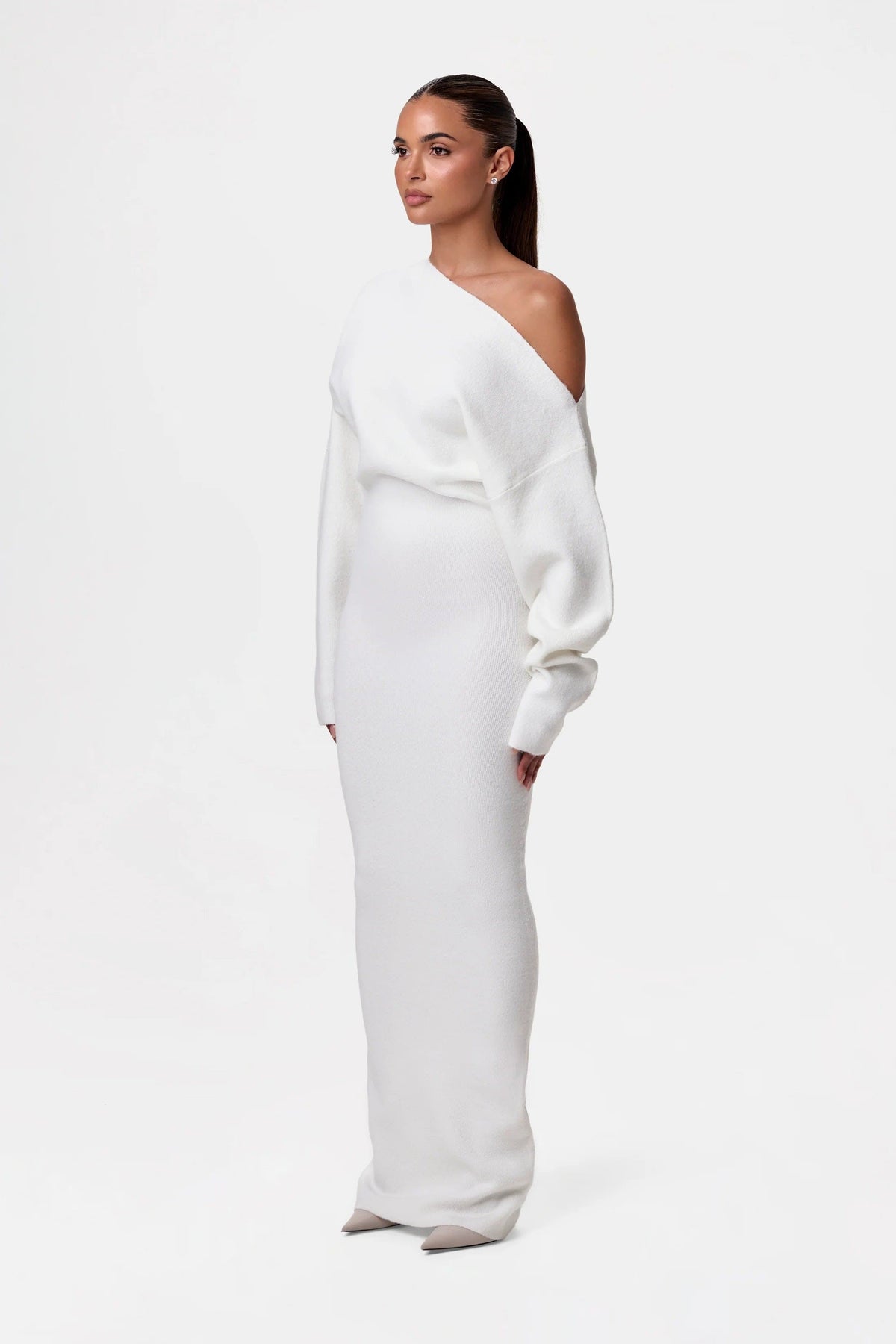 White merino off-shoulder maxi dress