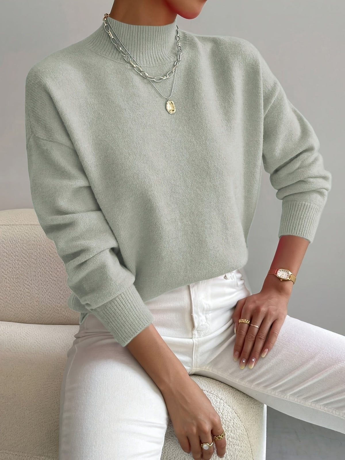 Light Green mock neck relaxed jumper