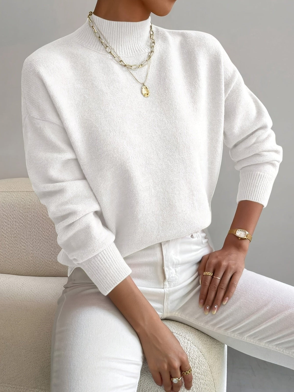White mock neck relaxed jumper