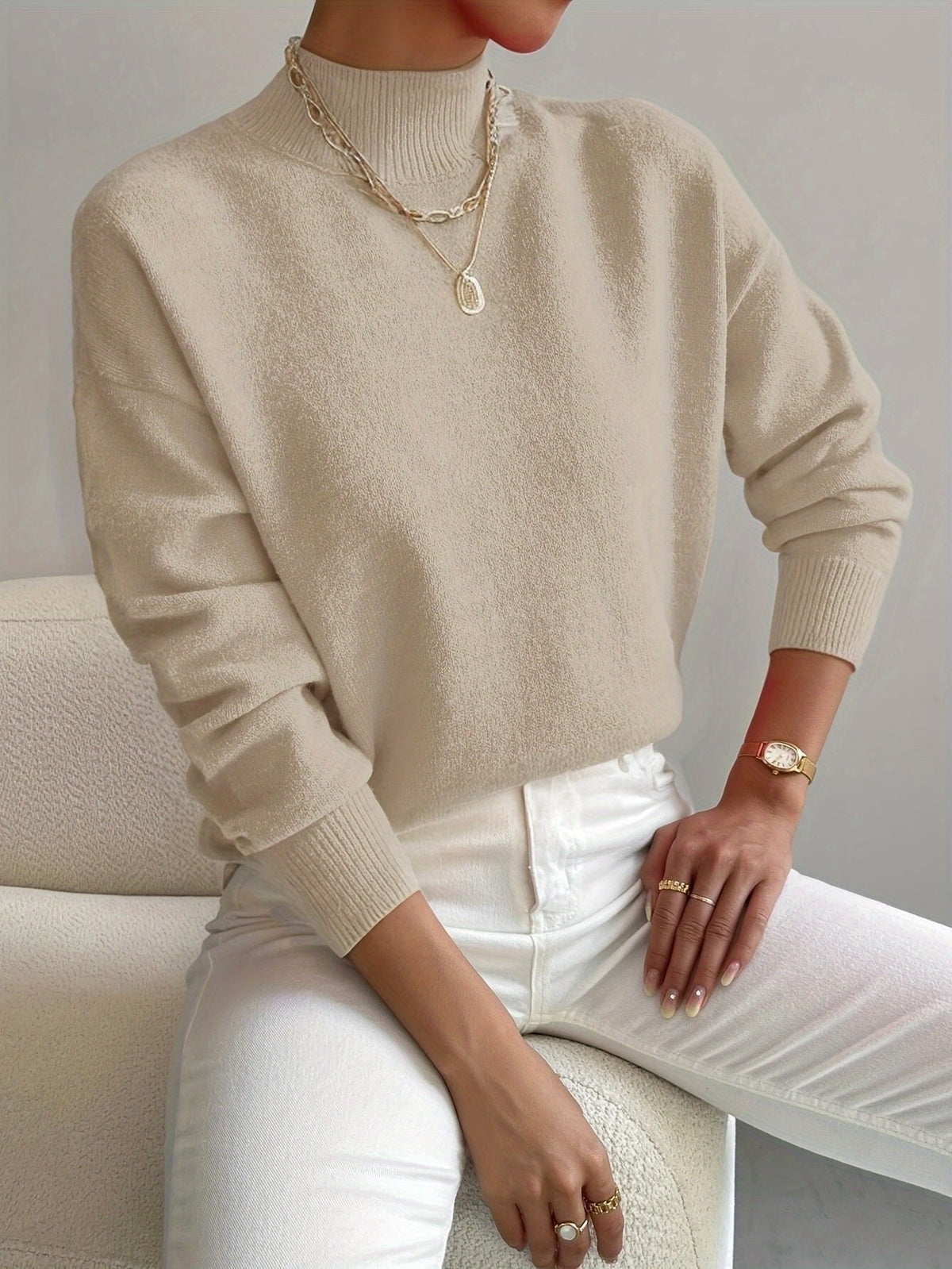 Beige mock neck relaxed jumper