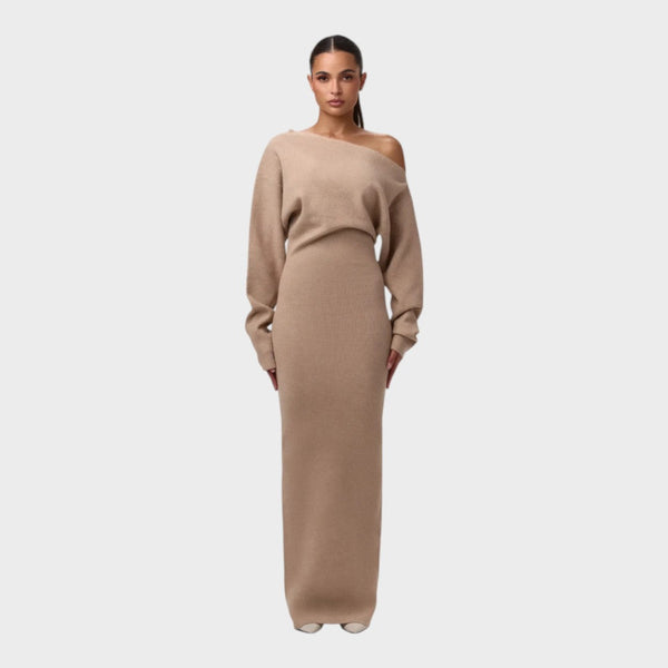 Apricot off-shoulder knit maxi dress