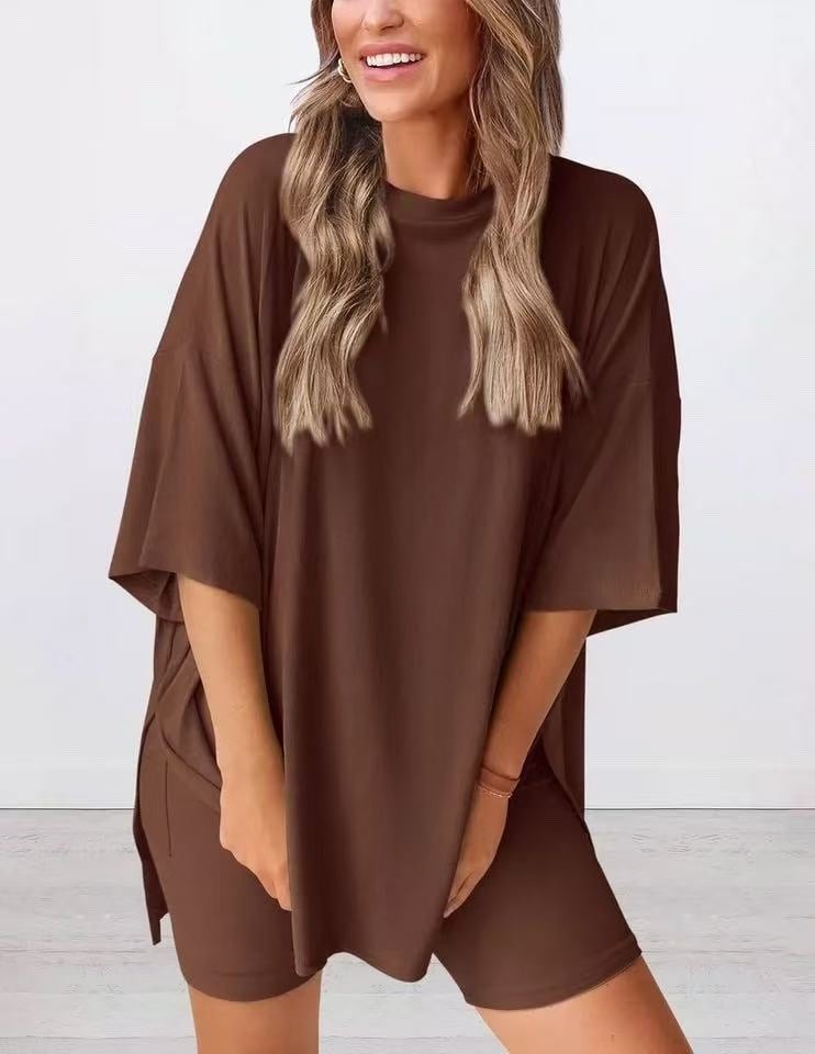 Dark Brown oversized knit t-shirt and shorts co-ord