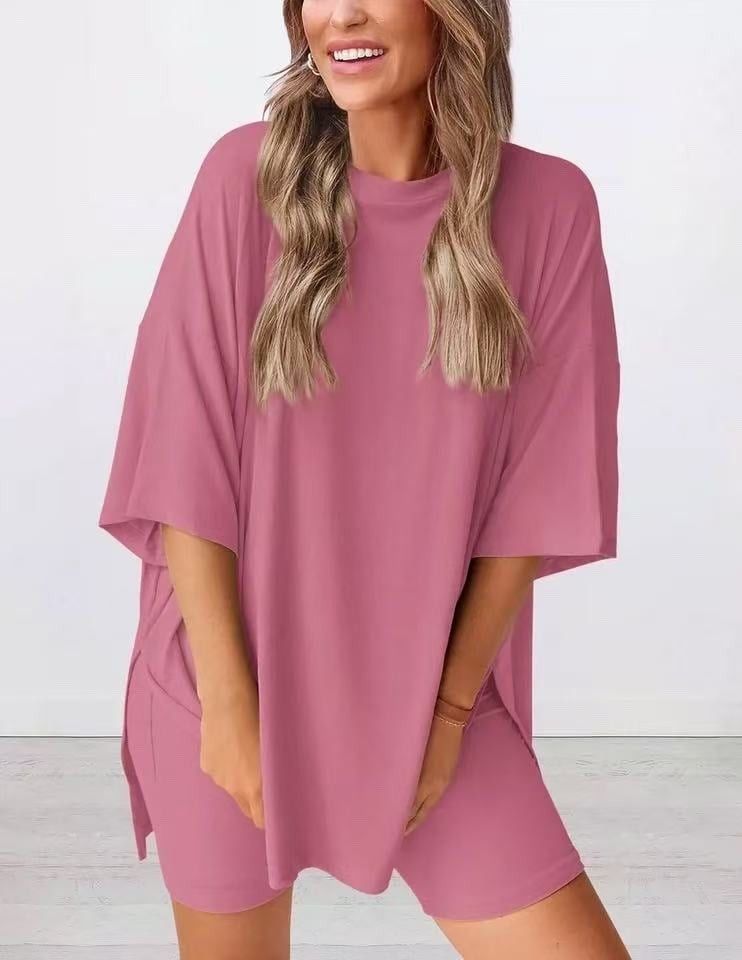Pink oversized knit t-shirt and shorts co-ord