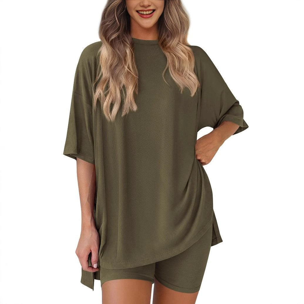Military Green oversized knit t-shirt and shorts co-ord