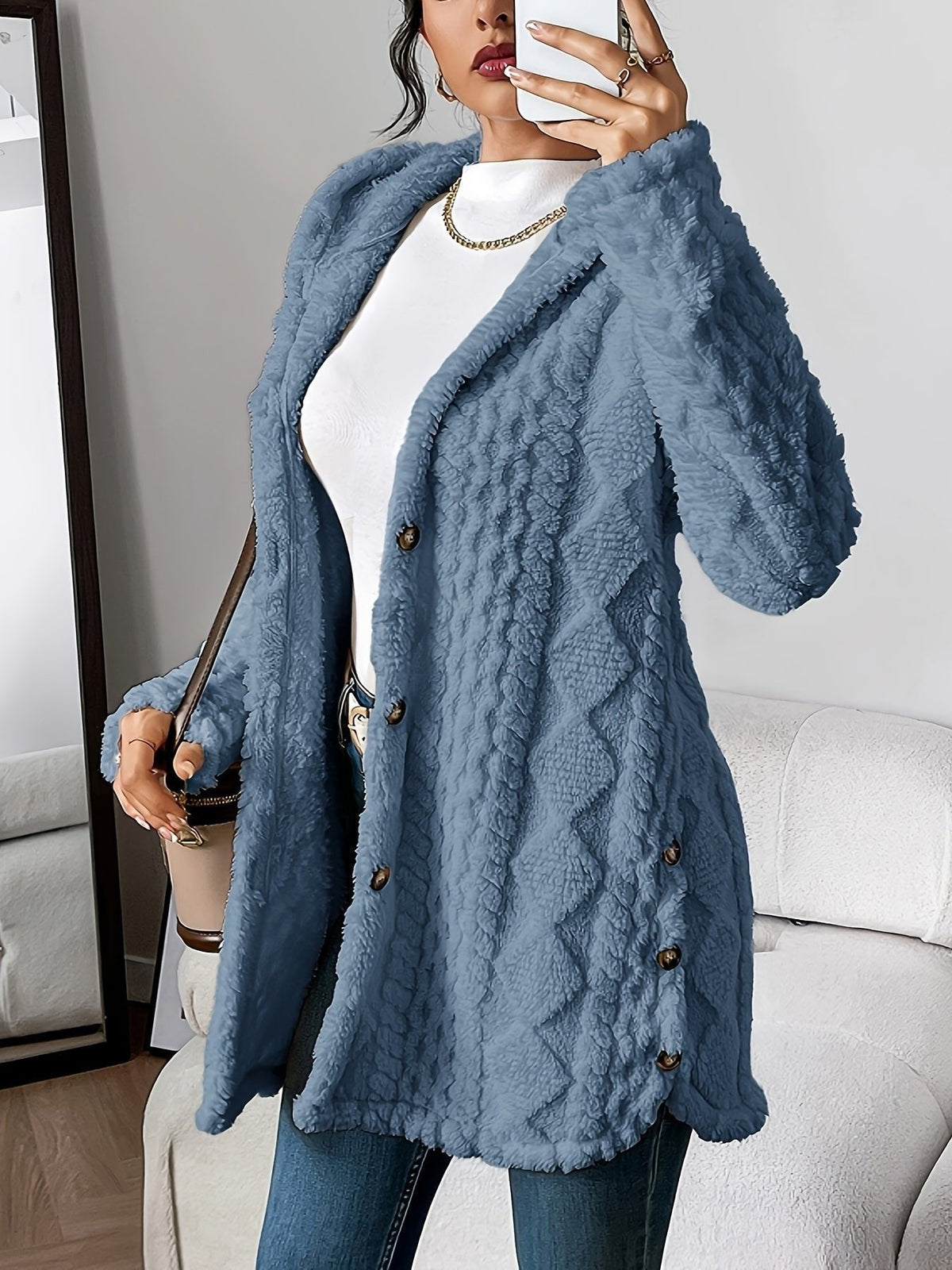 Denim Blue plush hooded longline cardigan