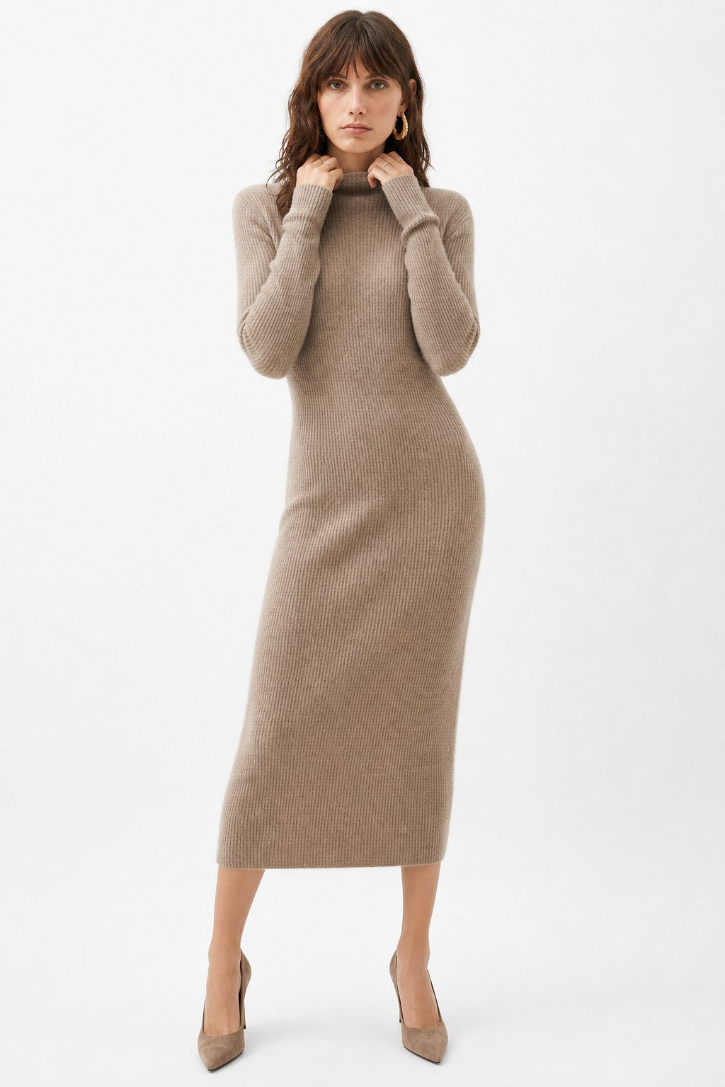 Camel ribbed mock neck wool midi dress