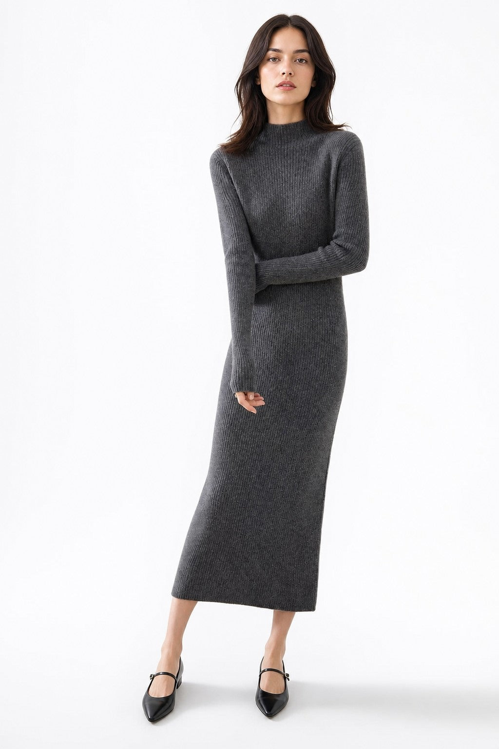 Ribbed mock neck wool midi dress