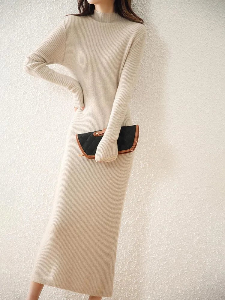 Ribbed mock neck wool midi dress
