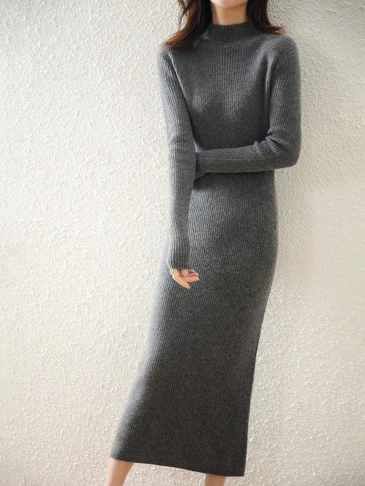 Ribbed mock neck wool midi dress