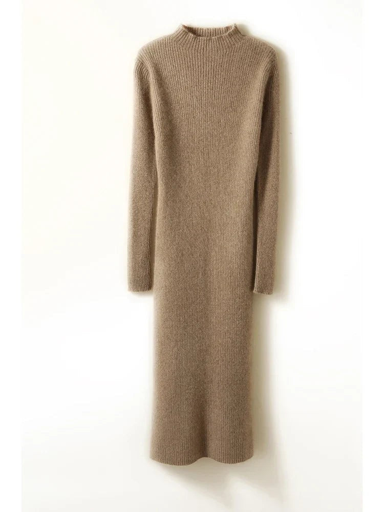 Ribbed mock neck wool midi dress