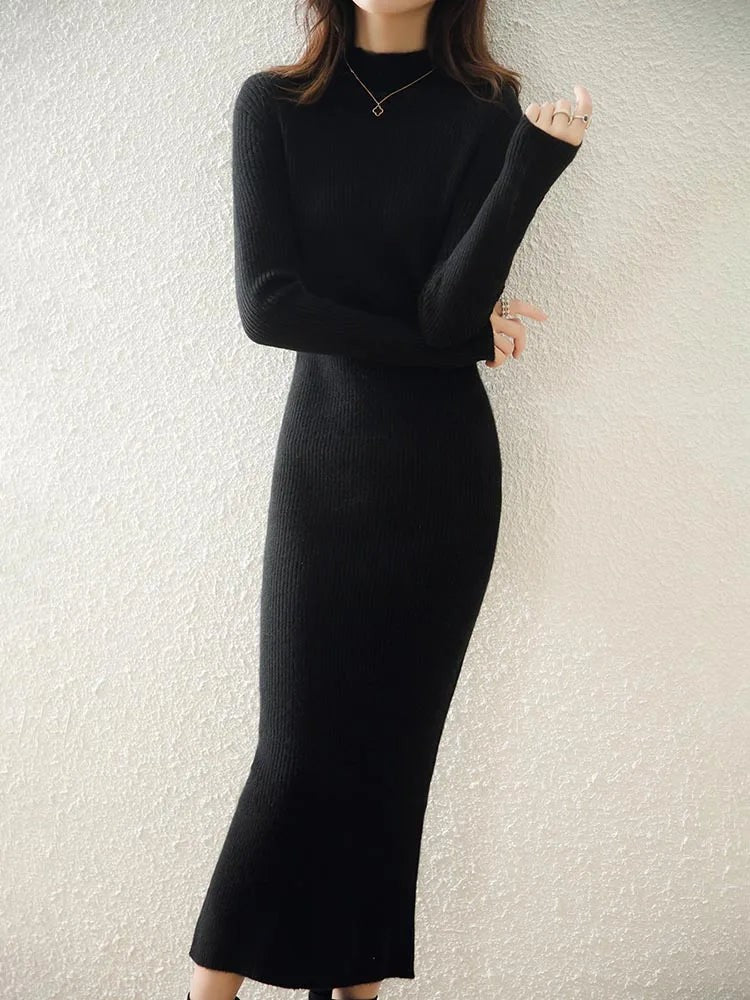 Ribbed mock neck wool midi dress