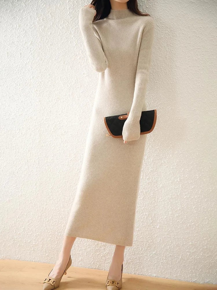 Beige ribbed mock neck wool midi dress