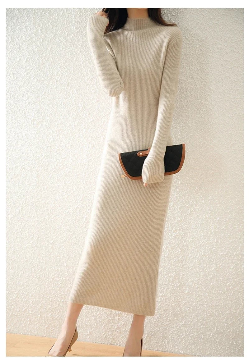 Ribbed mock neck wool midi dress