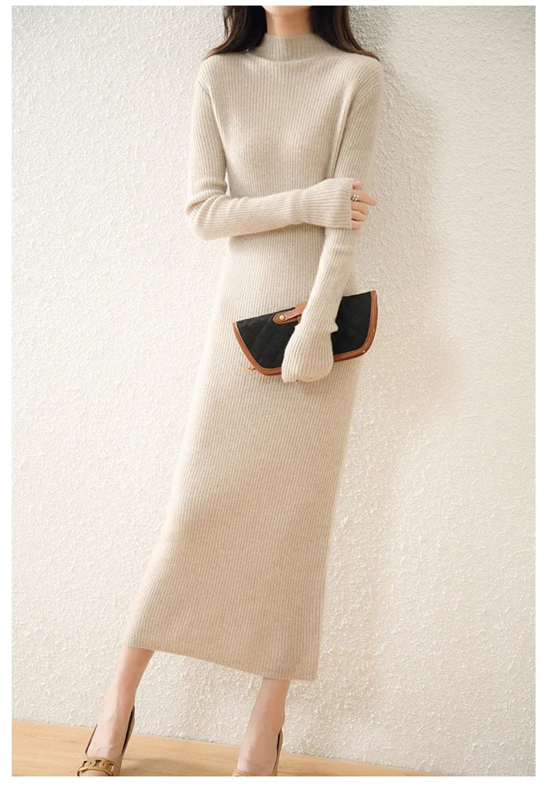 Ribbed mock neck wool midi dress