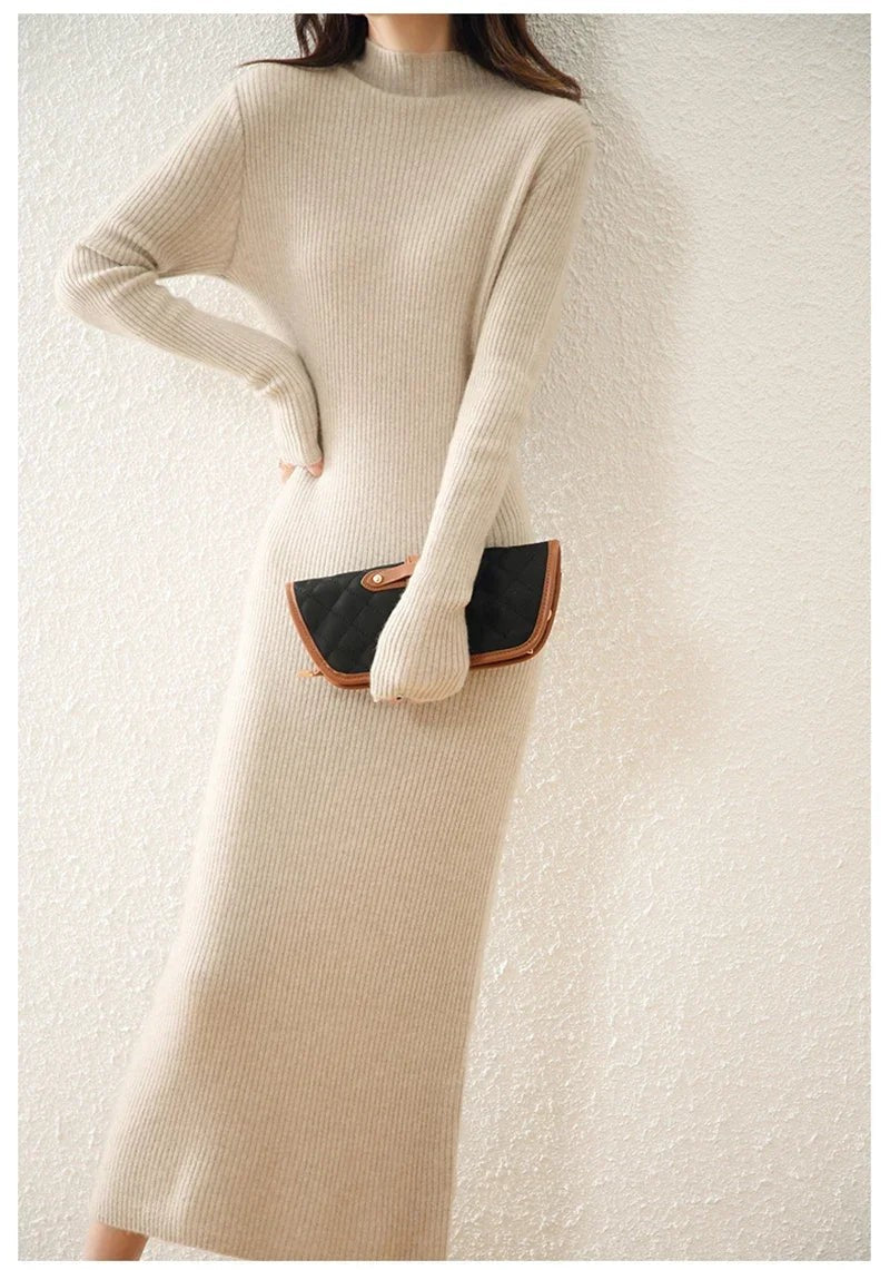 Ribbed mock neck wool midi dress