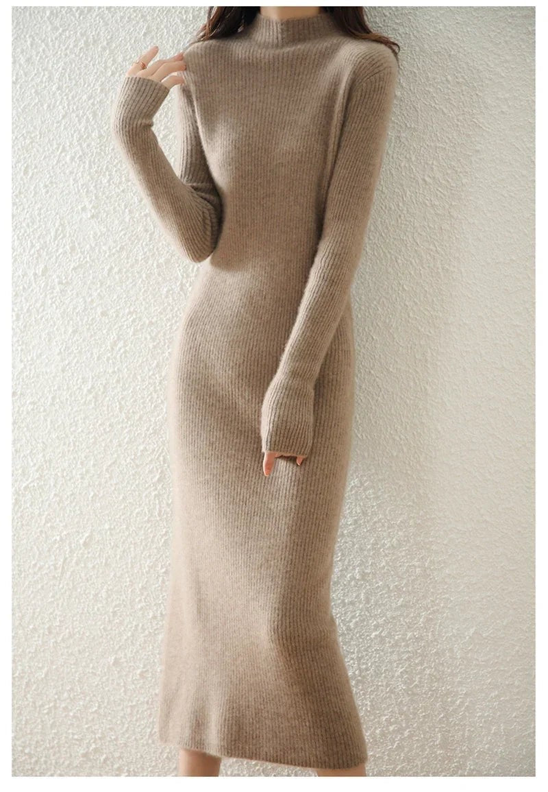 Ribbed mock neck wool midi dress