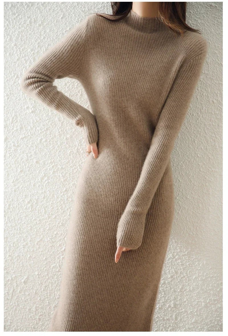 Ribbed mock neck wool midi dress