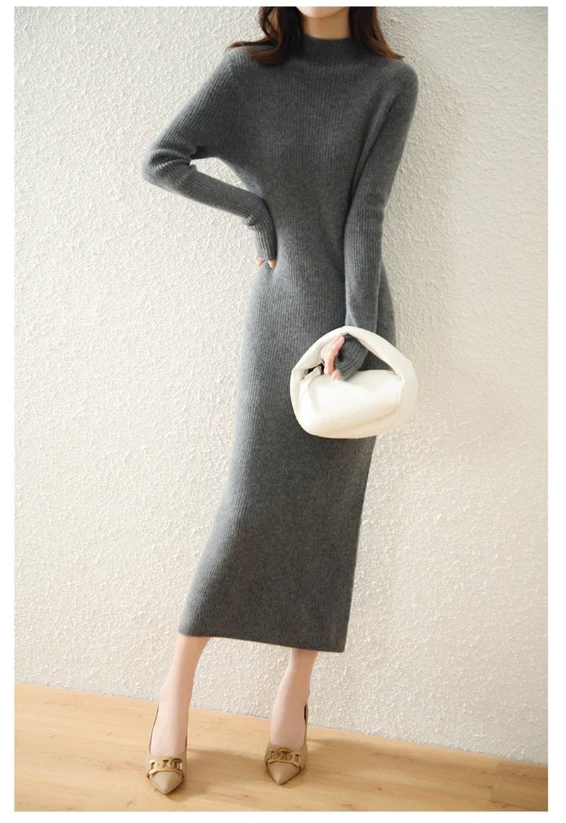 Ribbed mock neck wool midi dress