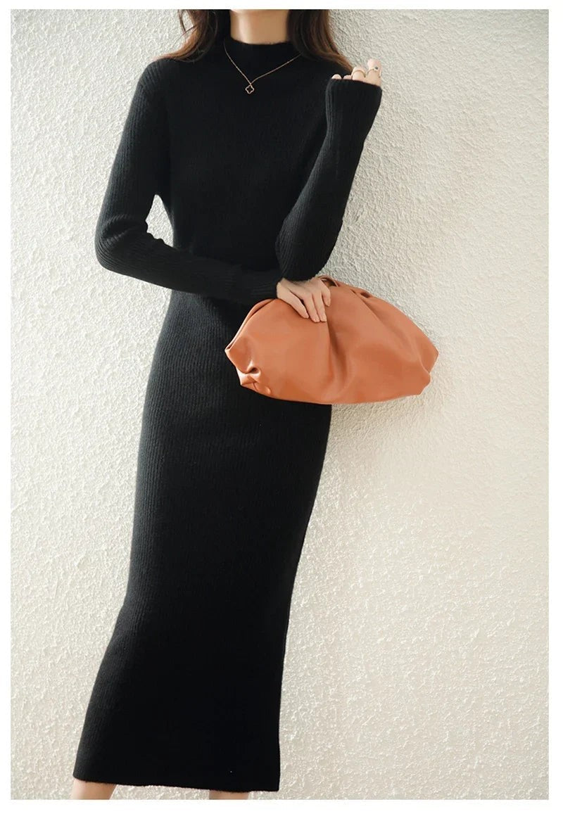 Ribbed mock neck wool midi dress