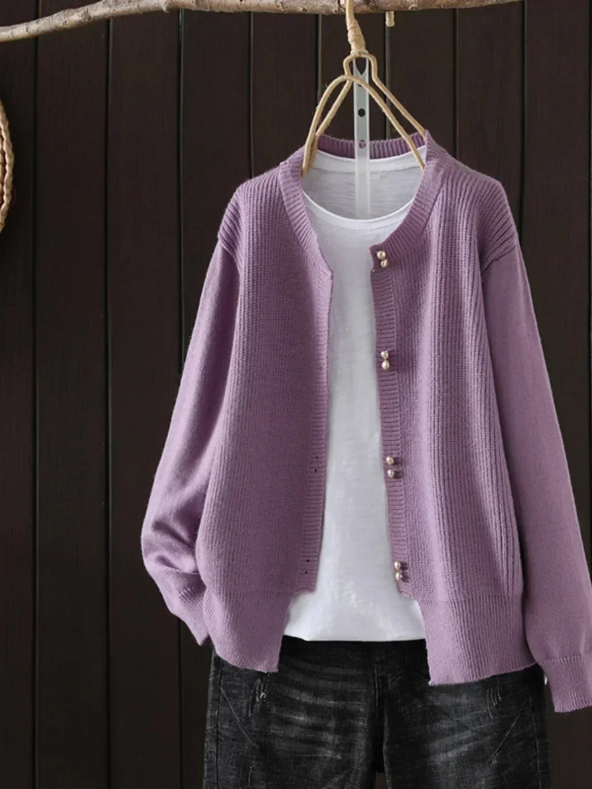Purple ribbed pearl button cardigan