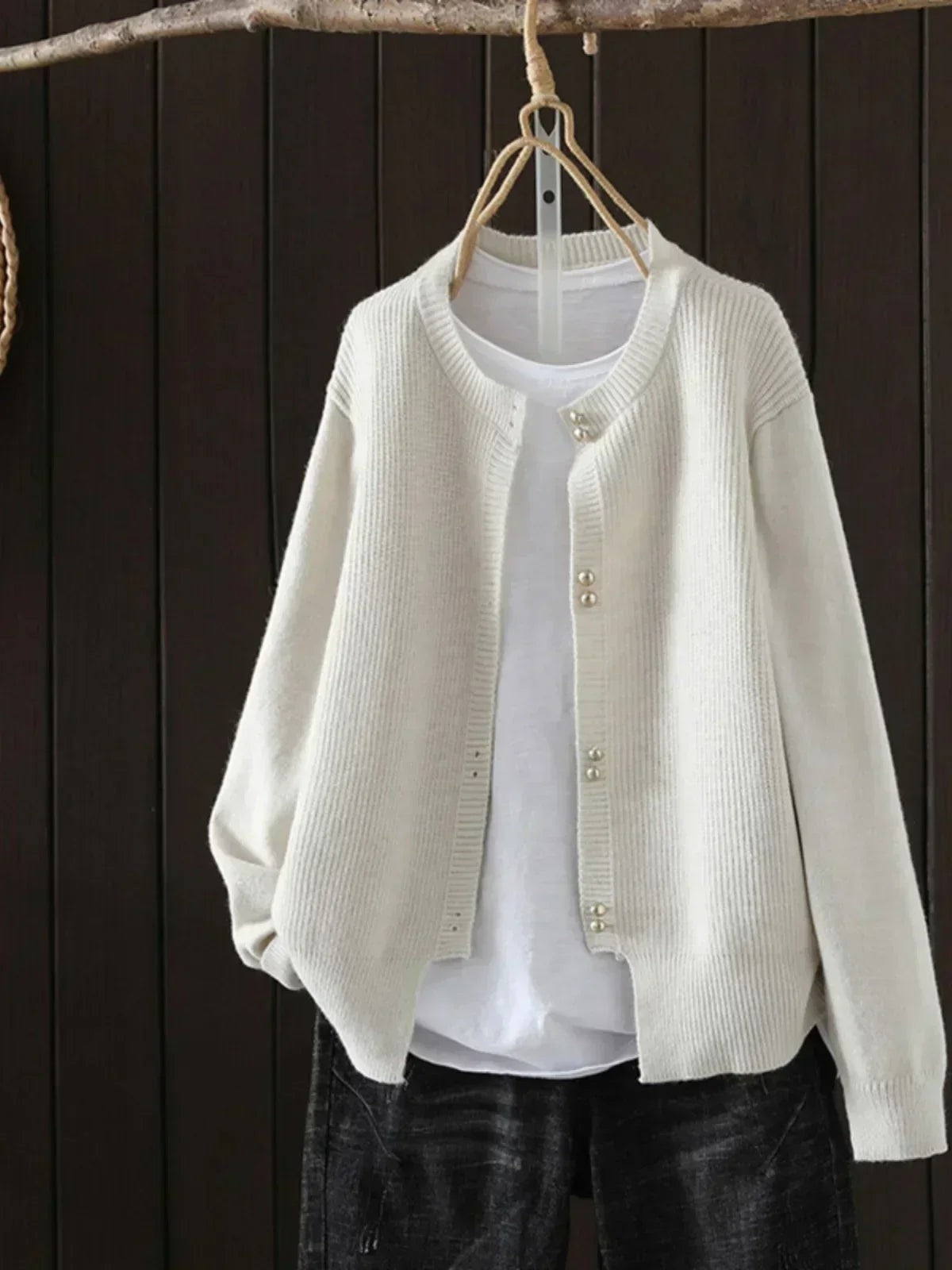 Beige ribbed pearl button cardigan