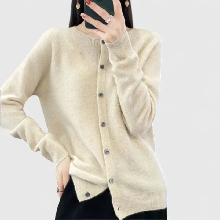 Beige round neck button cardigan