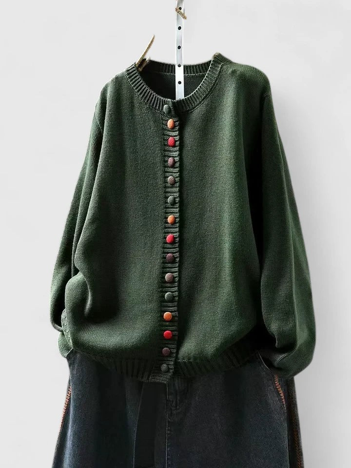 Green round-neck button-front cardigan