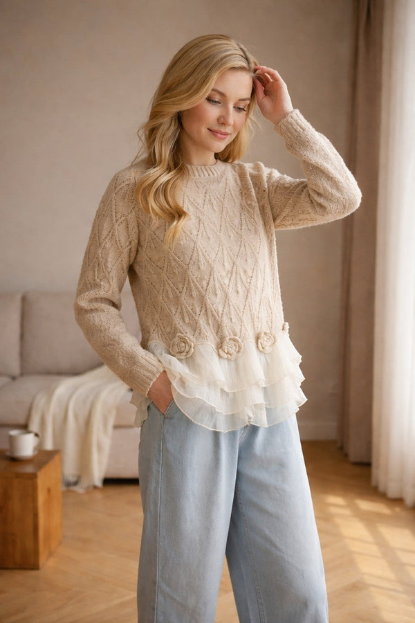Cream ruffle-hem knit jumper