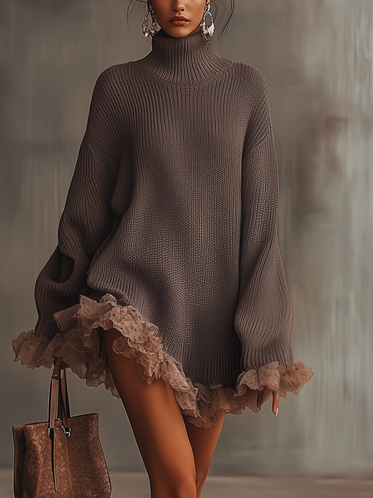 Coffee ruffle-hem roll neck jumper dress