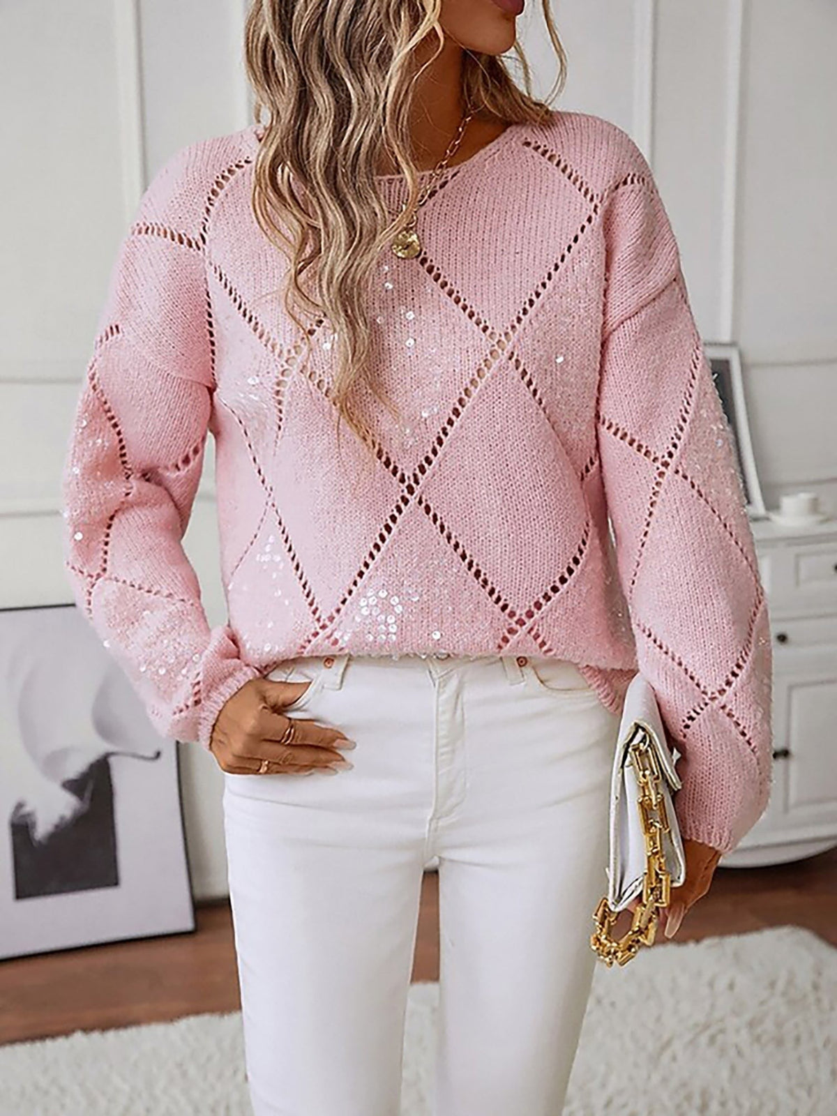 Pink sequin diamond-knit jumper