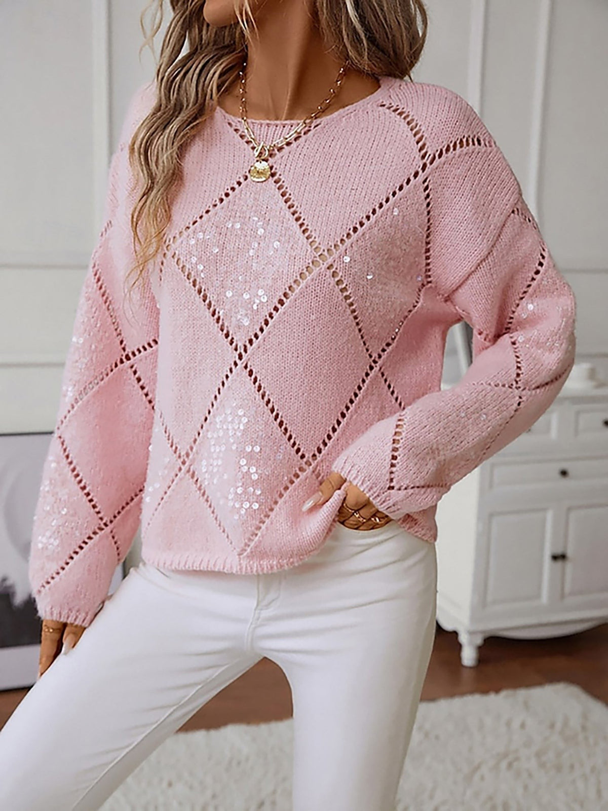 Sequin diamond-knit jumper