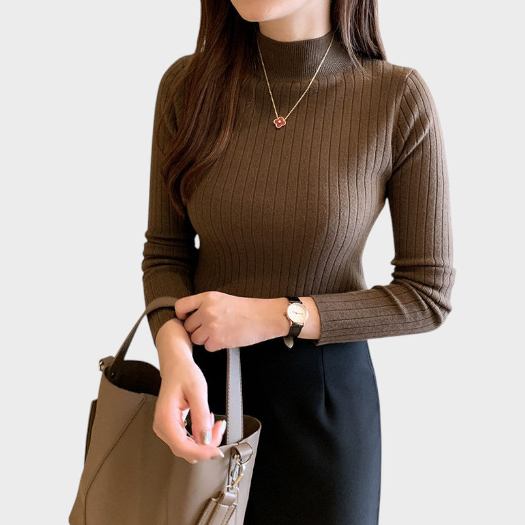 Brown slim-fit mock neck knit top