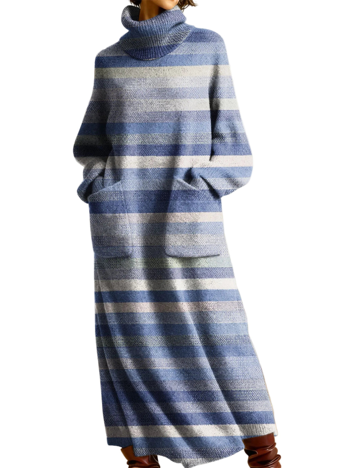 Multicolor striped roll neck knit maxi dress