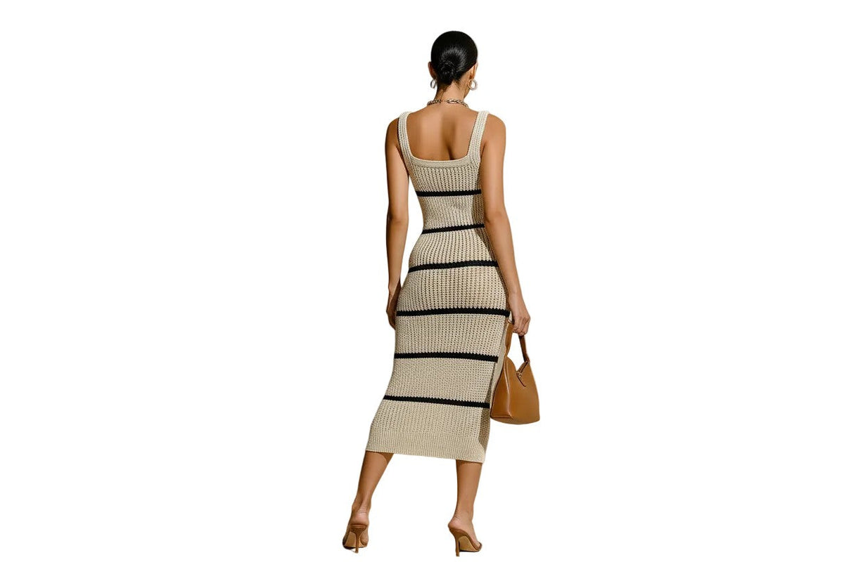 Striped square-neck knit midi dress