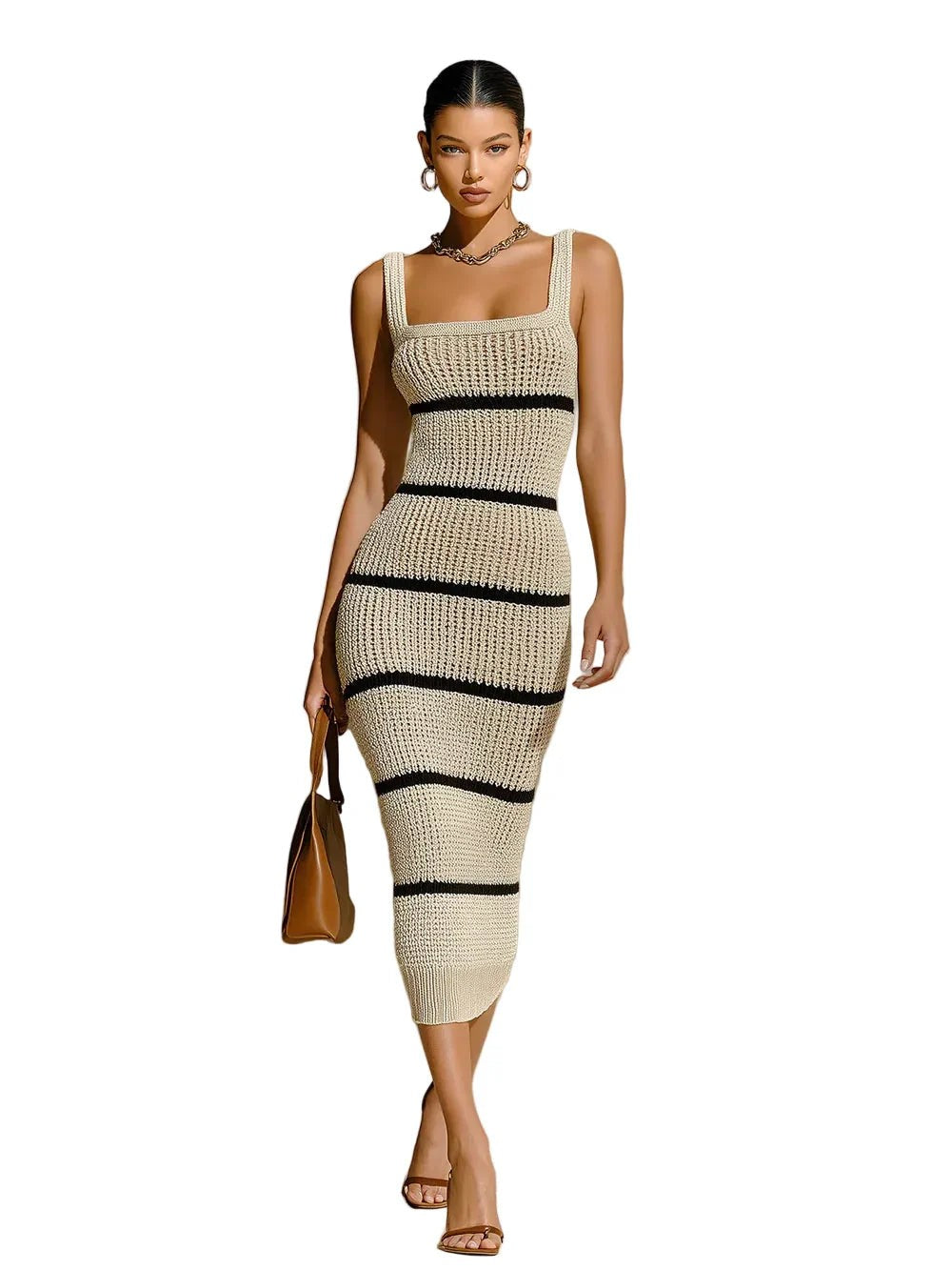 Striped square-neck knit midi dress