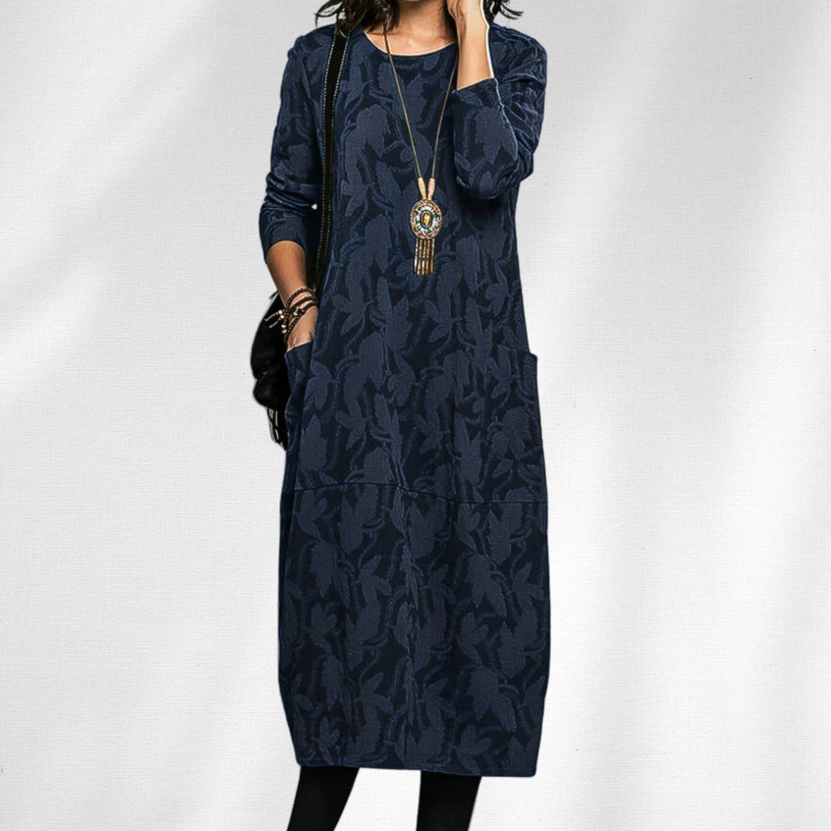 Blue textured leaf knit midi dress