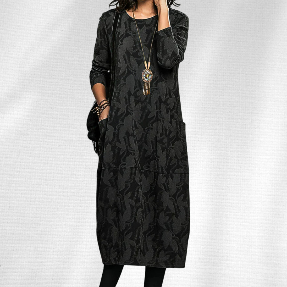 Black textured leaf knit midi dress