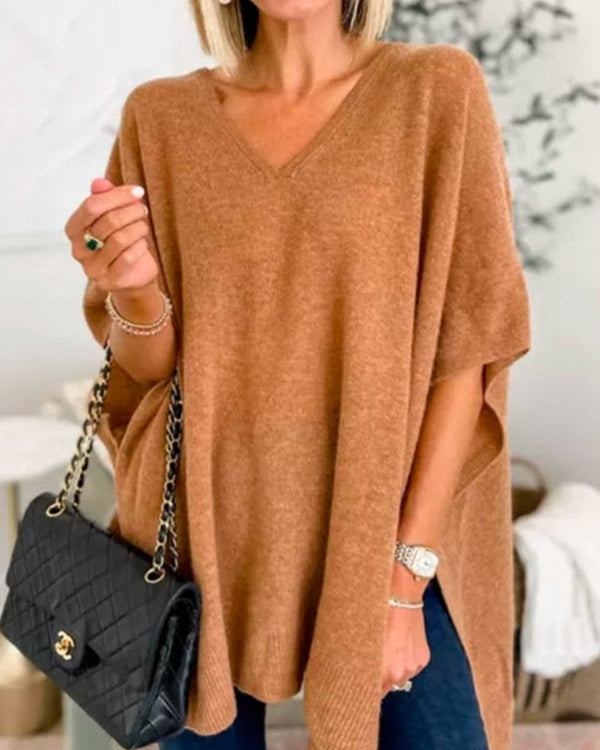 Camel v-neck wool blend cape poncho