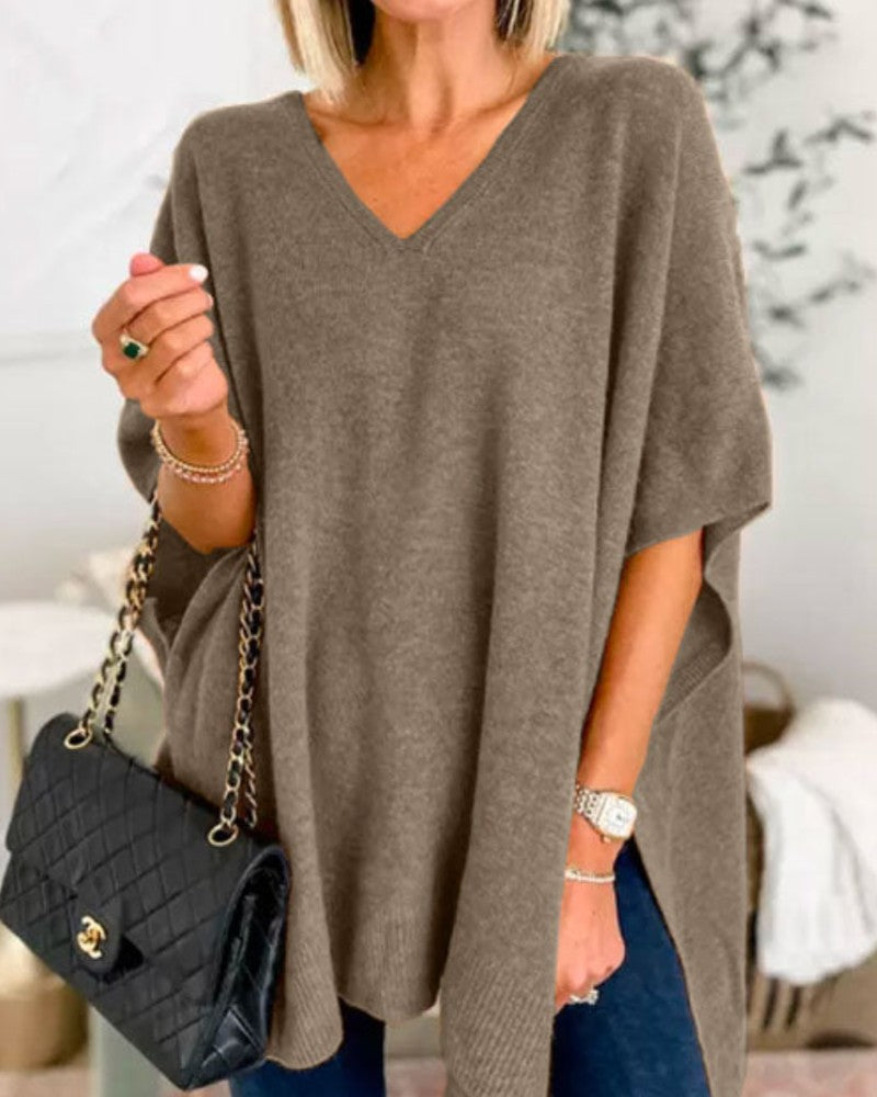 Coffee v-neck wool blend cape poncho