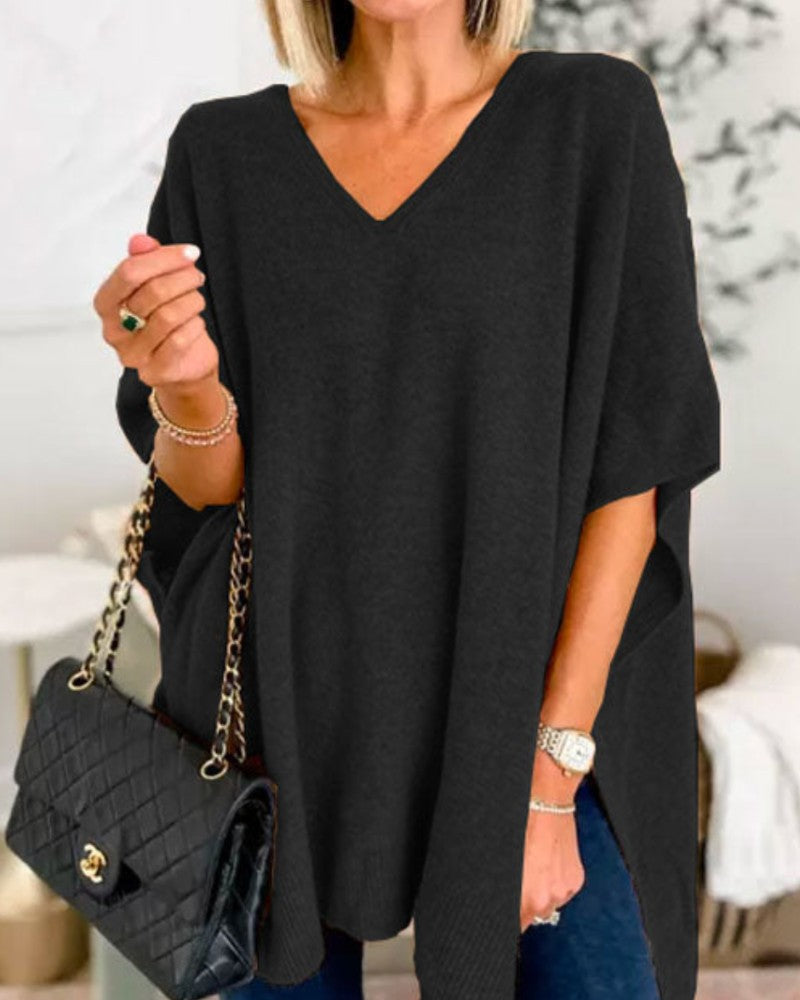 Black v-neck wool blend cape poncho