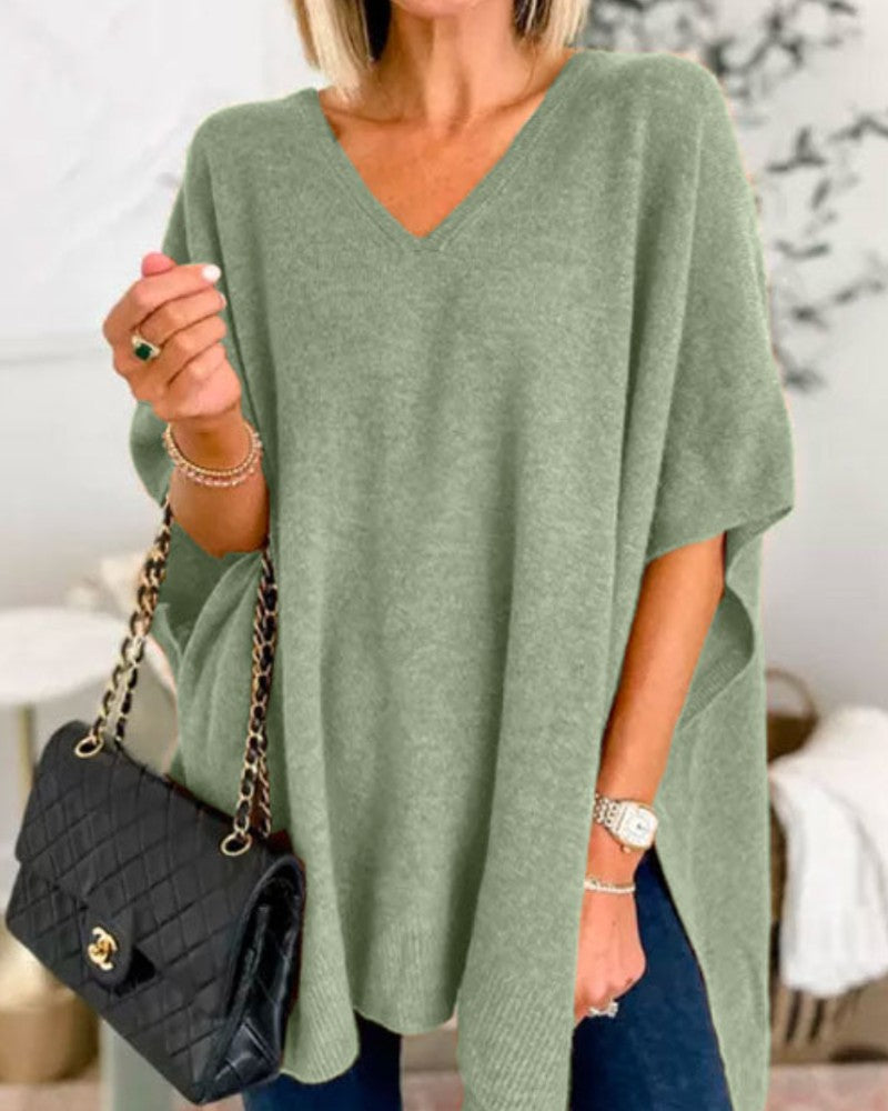 Green v-neck wool blend cape poncho