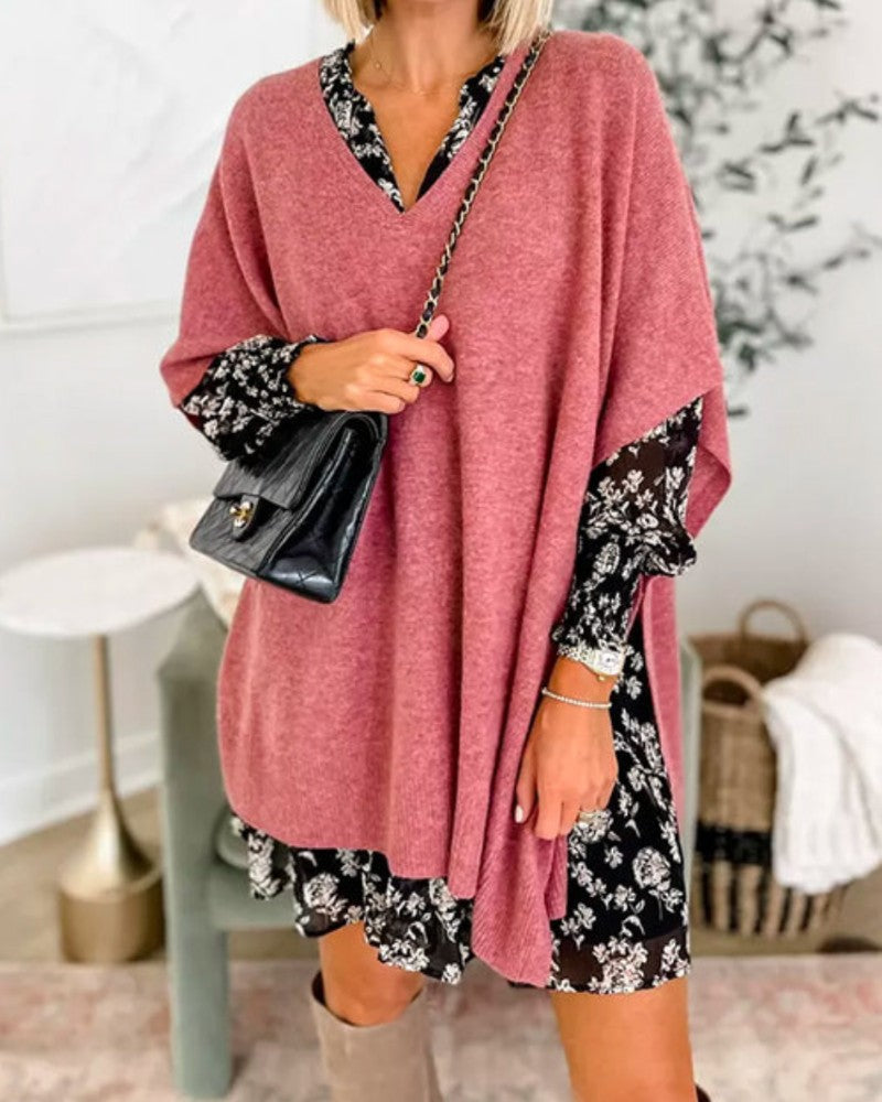 Dusty Rose v-neck wool blend cape poncho