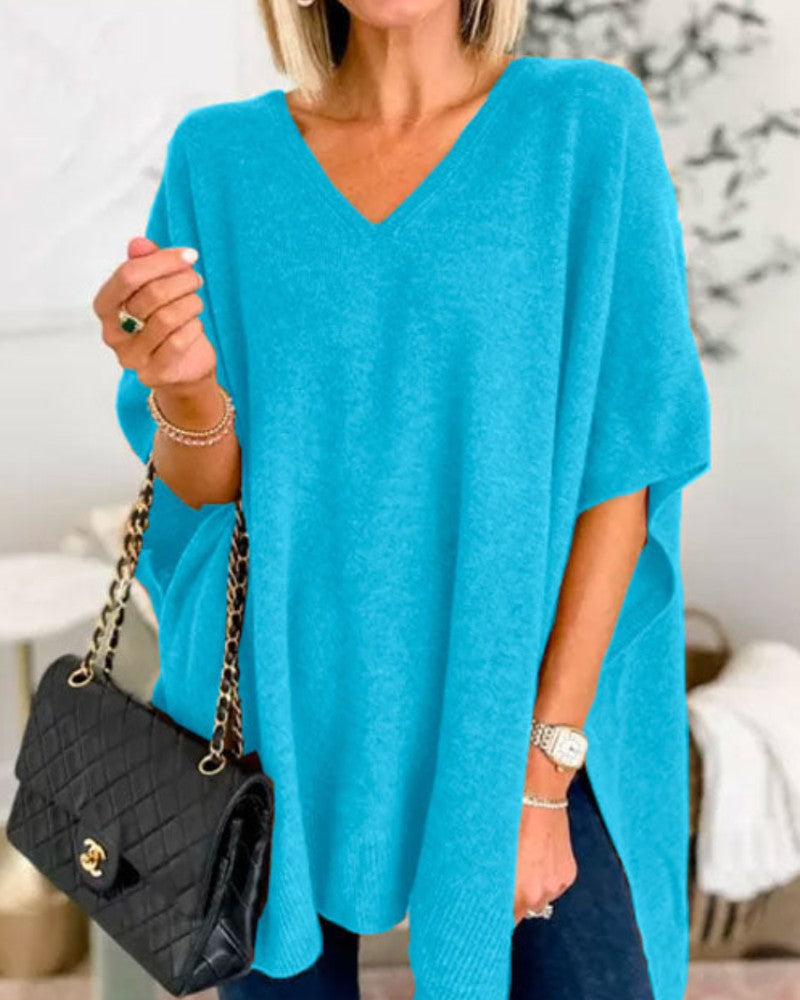 Blue v-neck wool blend cape poncho