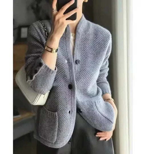 Gray waffle-knit cardigan jacket