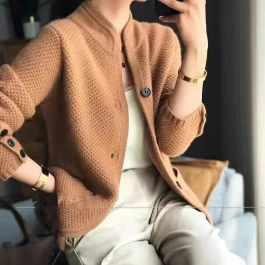 Brown waffle-knit cardigan jacket