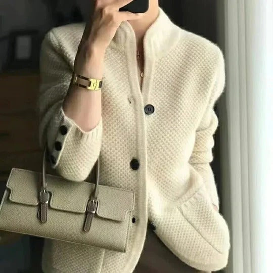 Beige waffle-knit cardigan jacket